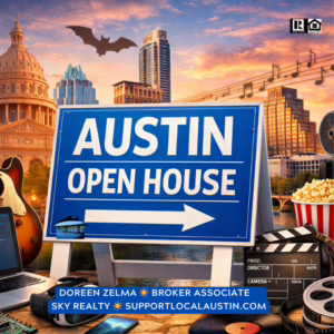 Austin skyline during SXSW with crowds, outdoor patios, and Lady Bird Lake highlighting the city’s lifestyle and real estate appeal. People visiting Austin during SXSW experiencing the lifestyle and considering moving to Austin after SXSW.