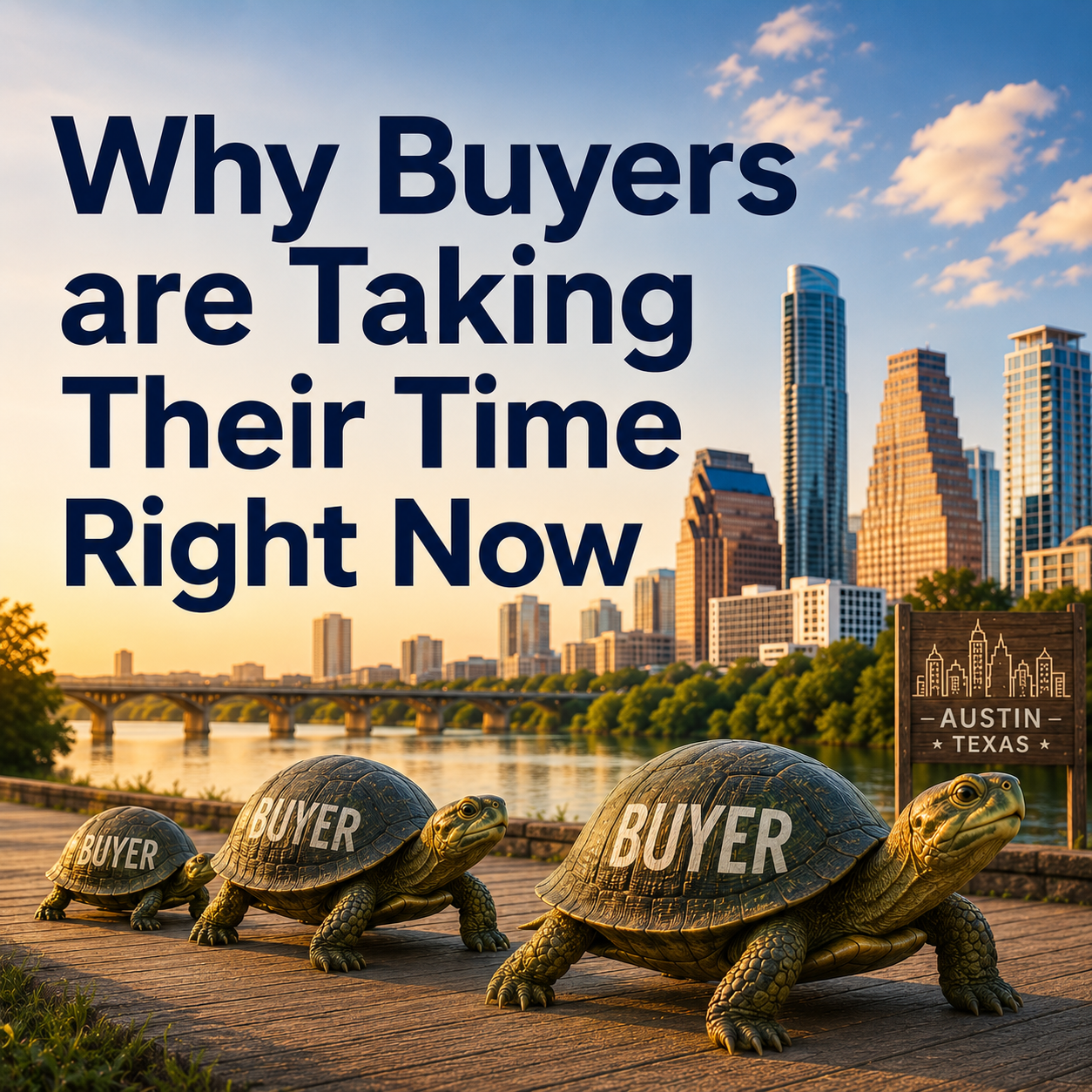 Why Austin buyers are taking their time in the housing market with Austin skyline and buyer turtles l Austin Realtor 