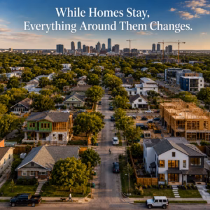 Aerial view of an Austin neighborhood with older homes, renovated homes, new construction, and the downtown skyline in the background. Article is about why due diligence in real estate matters.