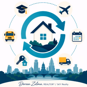 Austin housing market reboot concept showing a home surrounded by graduation, travel, moving, and summer activity icons.